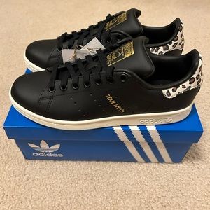 Adidas Stan Smith Sneakers Size 7.5 Black Leather/Leopard. Brand New with Tags!